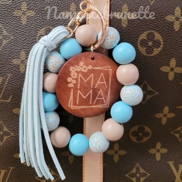 Wooden Beaded Mama Keychain Bag Charm With Blue Tassel - Picture 1 of 11